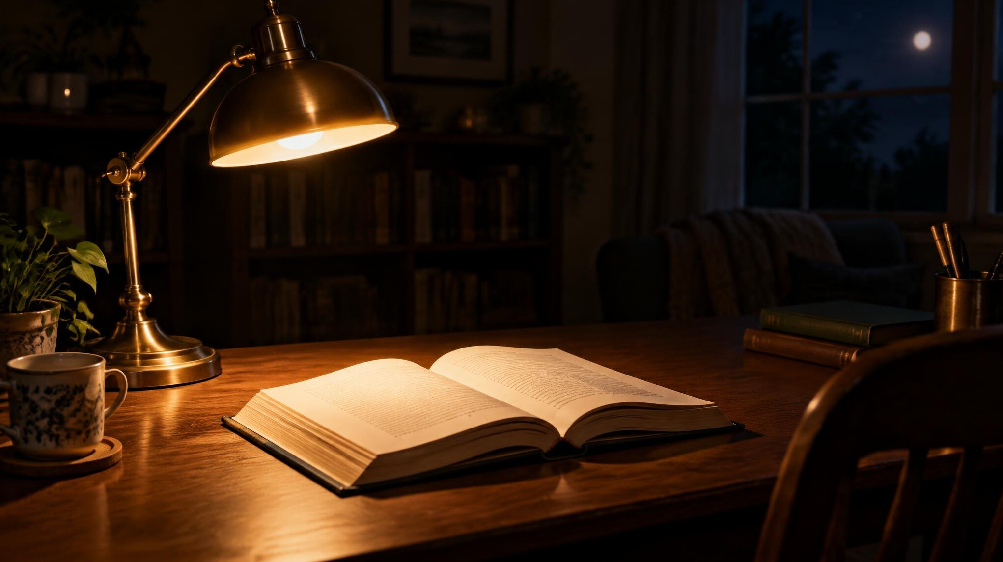 Reading lamp illuminating an open book on a desk at night