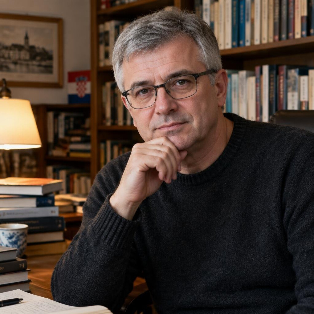 Portrait of a middle-aged Croatian male writer with glasses sitting in a study