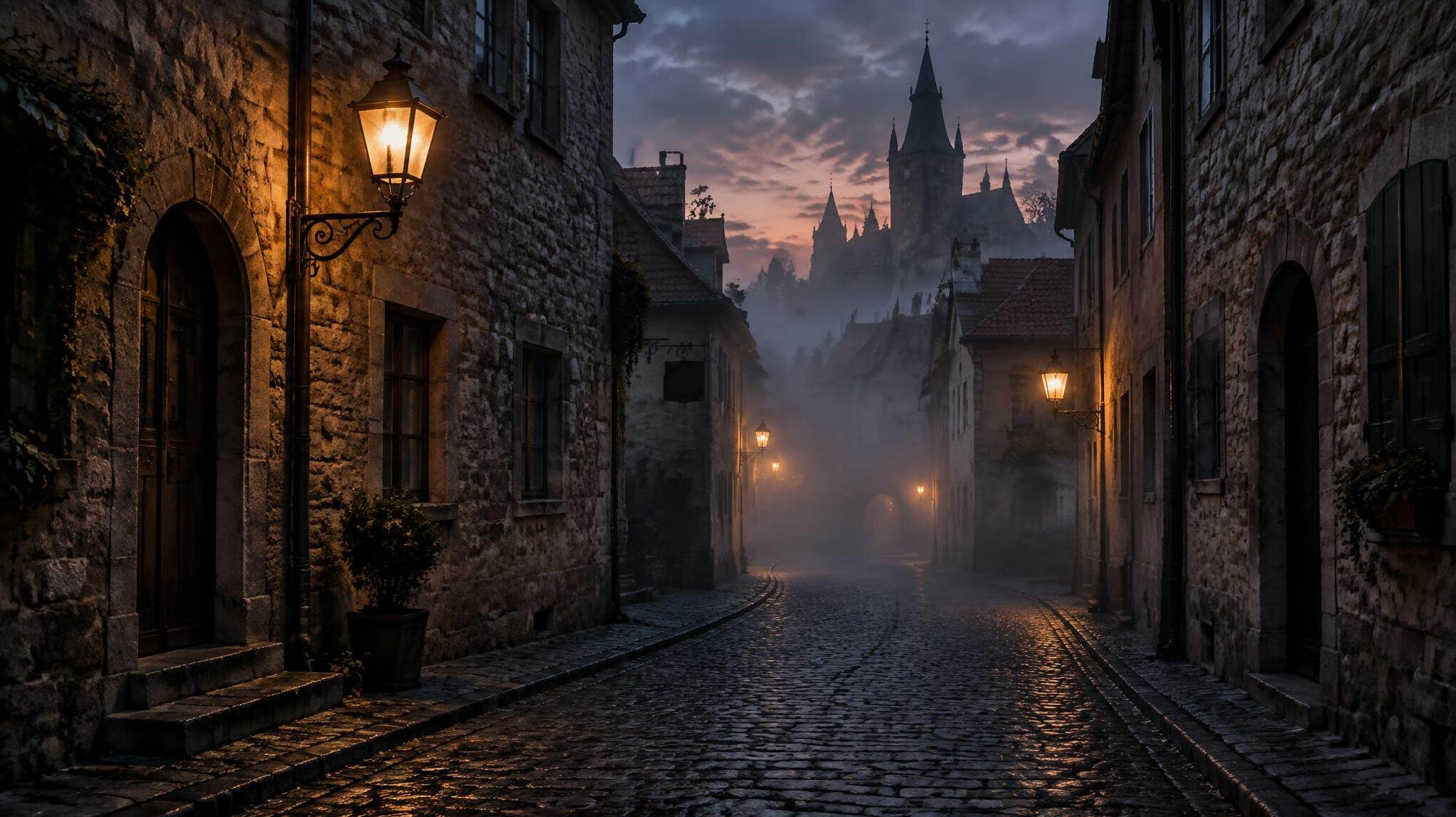 Empty cobblestone street in an old European town at dusk