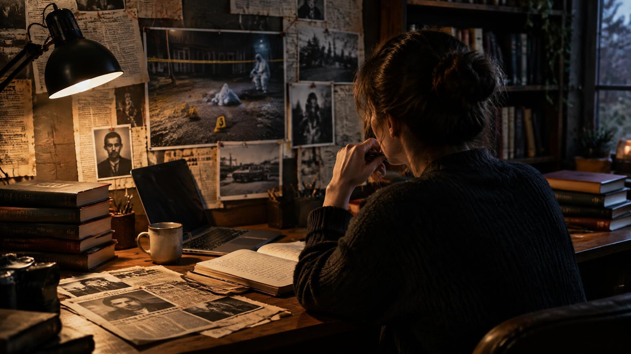 mystery writer at desk