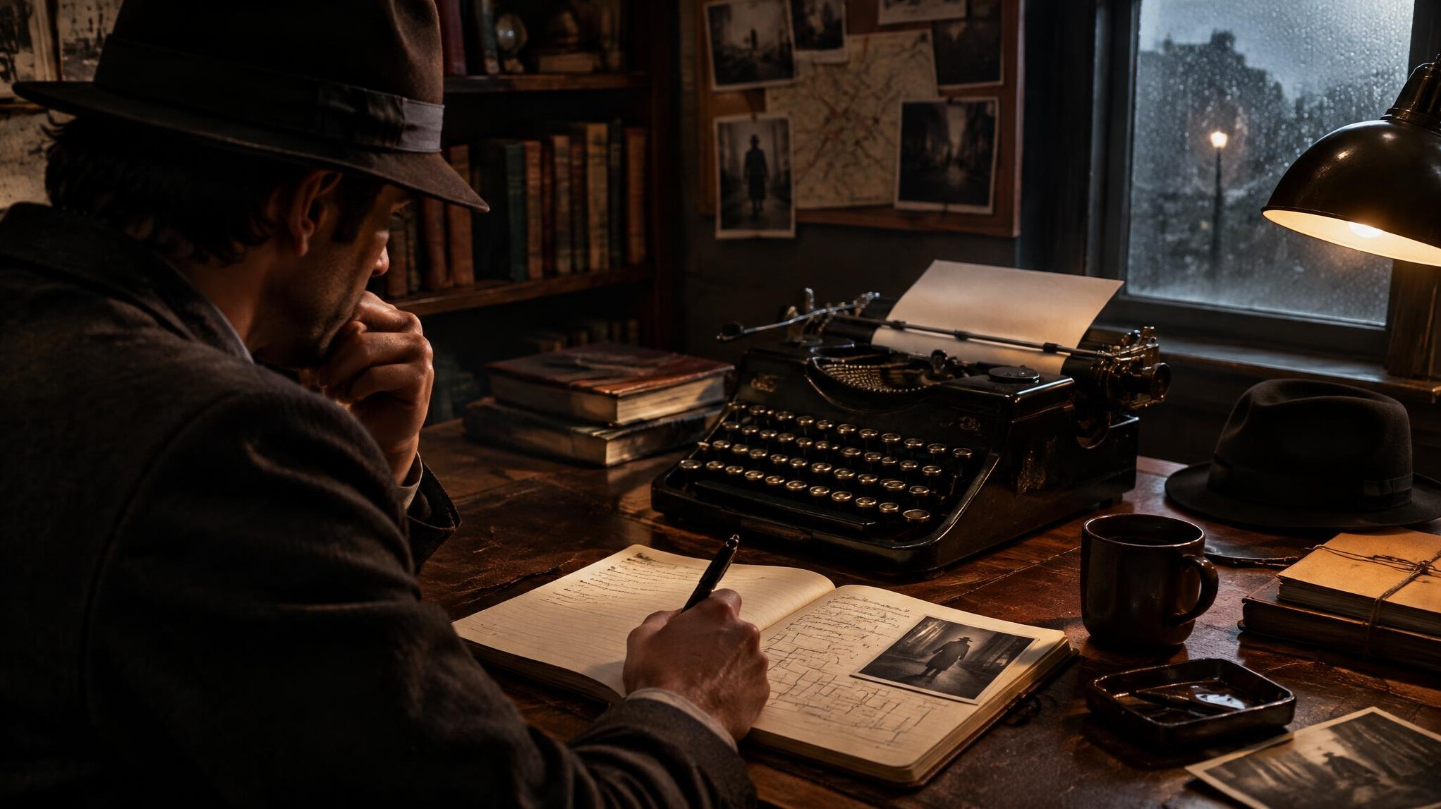 mystery writer at desk