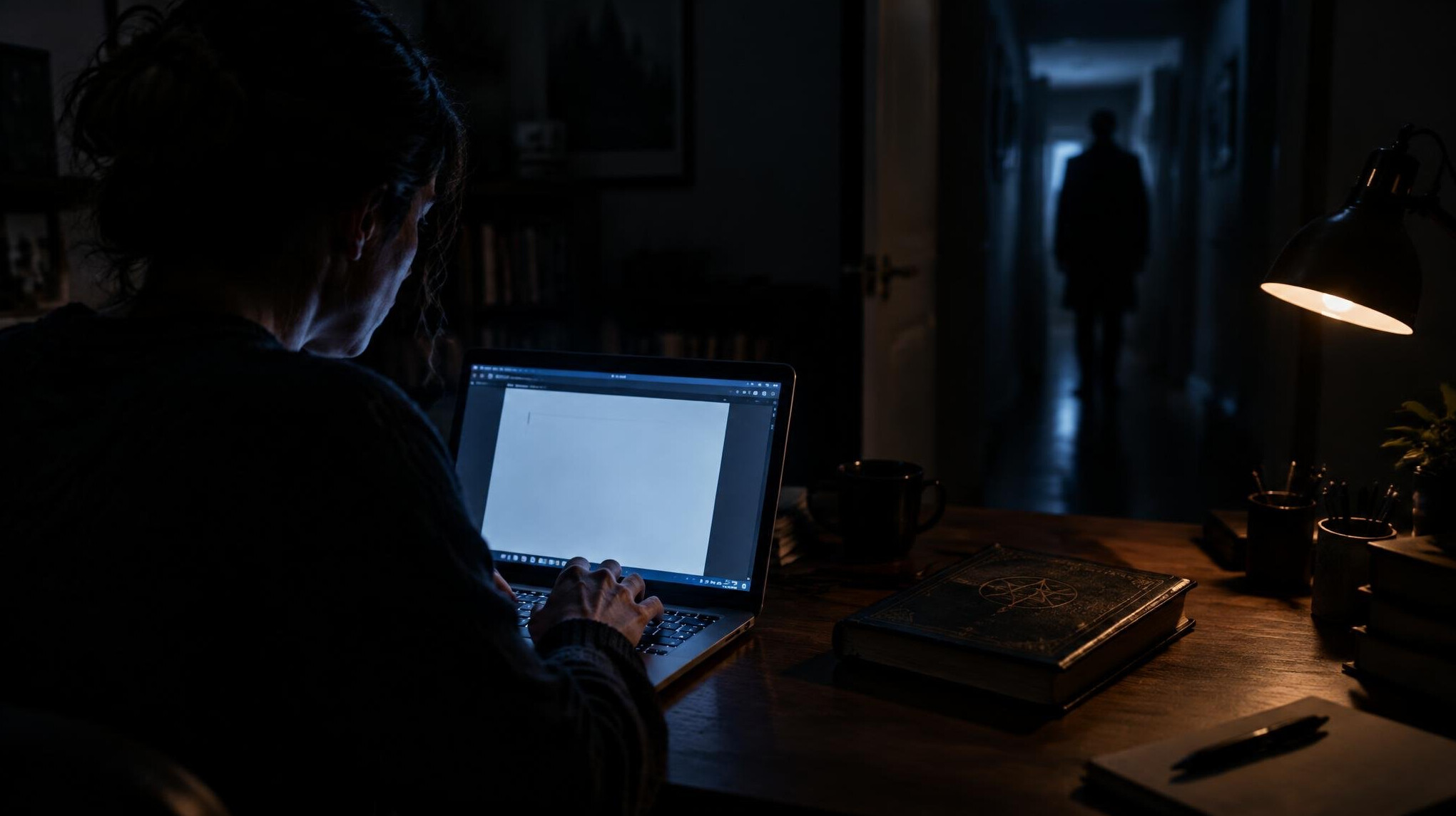 writer typing on laptop in dark room