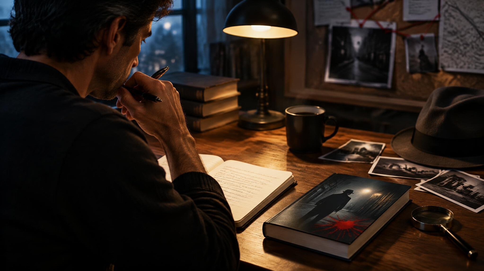 mystery writer at desk