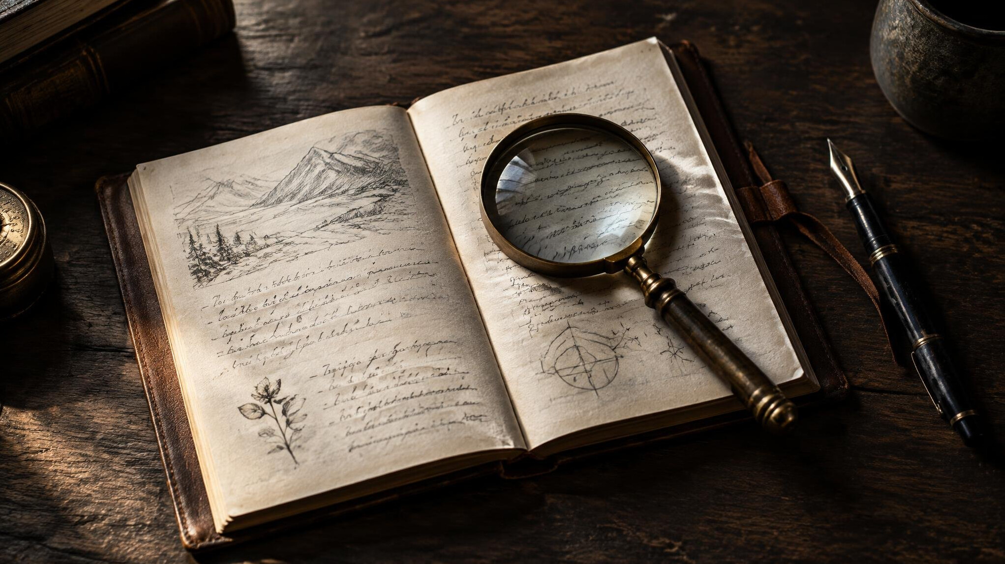 Open notebook with handwritten notes and a magnifying glass on a wooden table