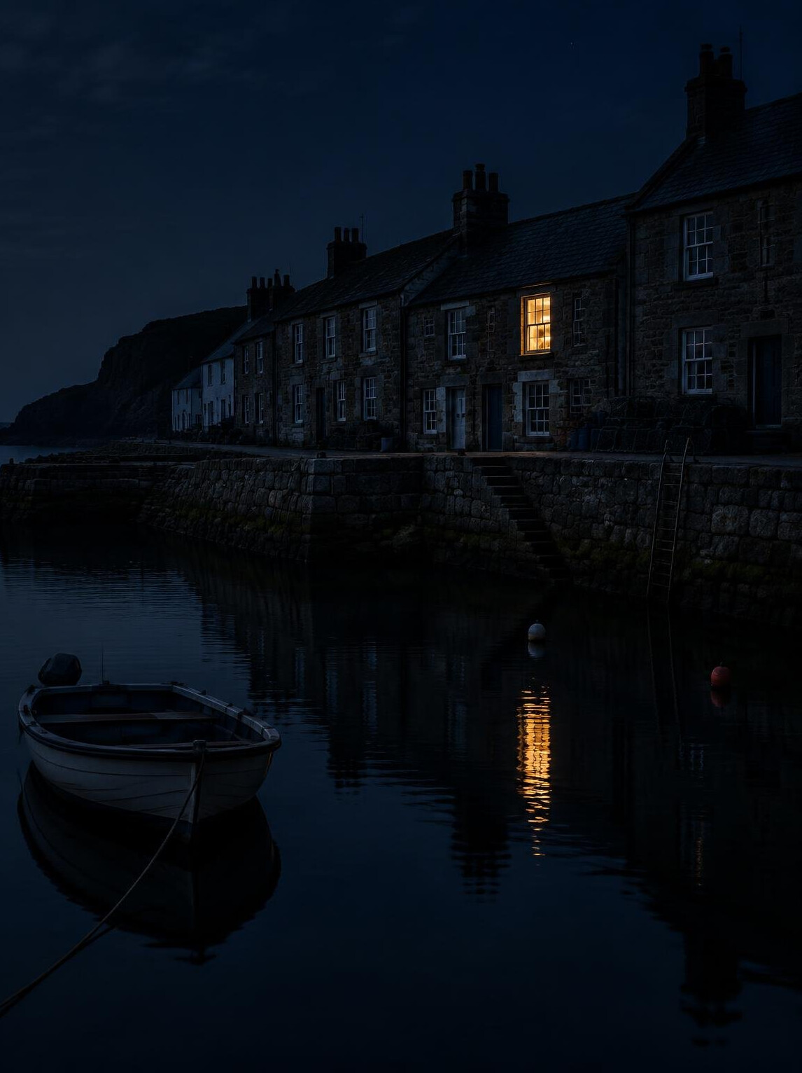 Dark harbor at night with a single lit window suitable for a book cover