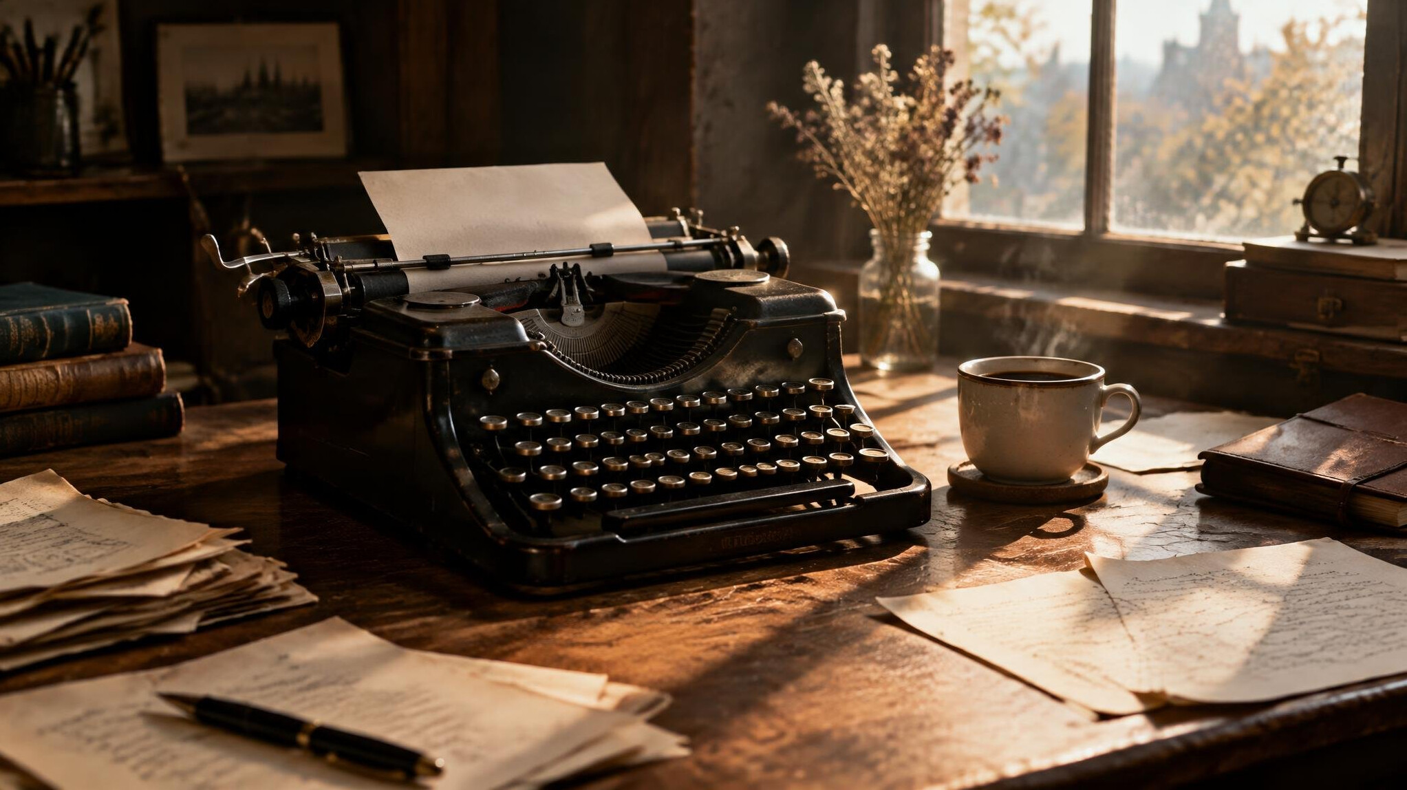 Vintage typewriter on a wooden writing desk with papers