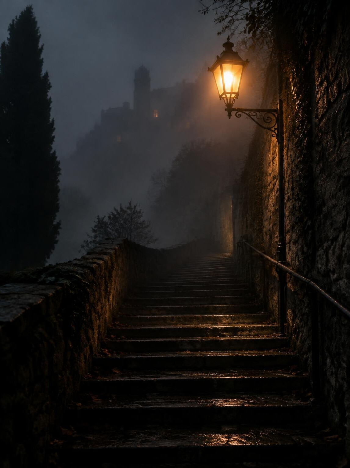 Dark moody photo of an old stone staircase at night suitable for a book cover