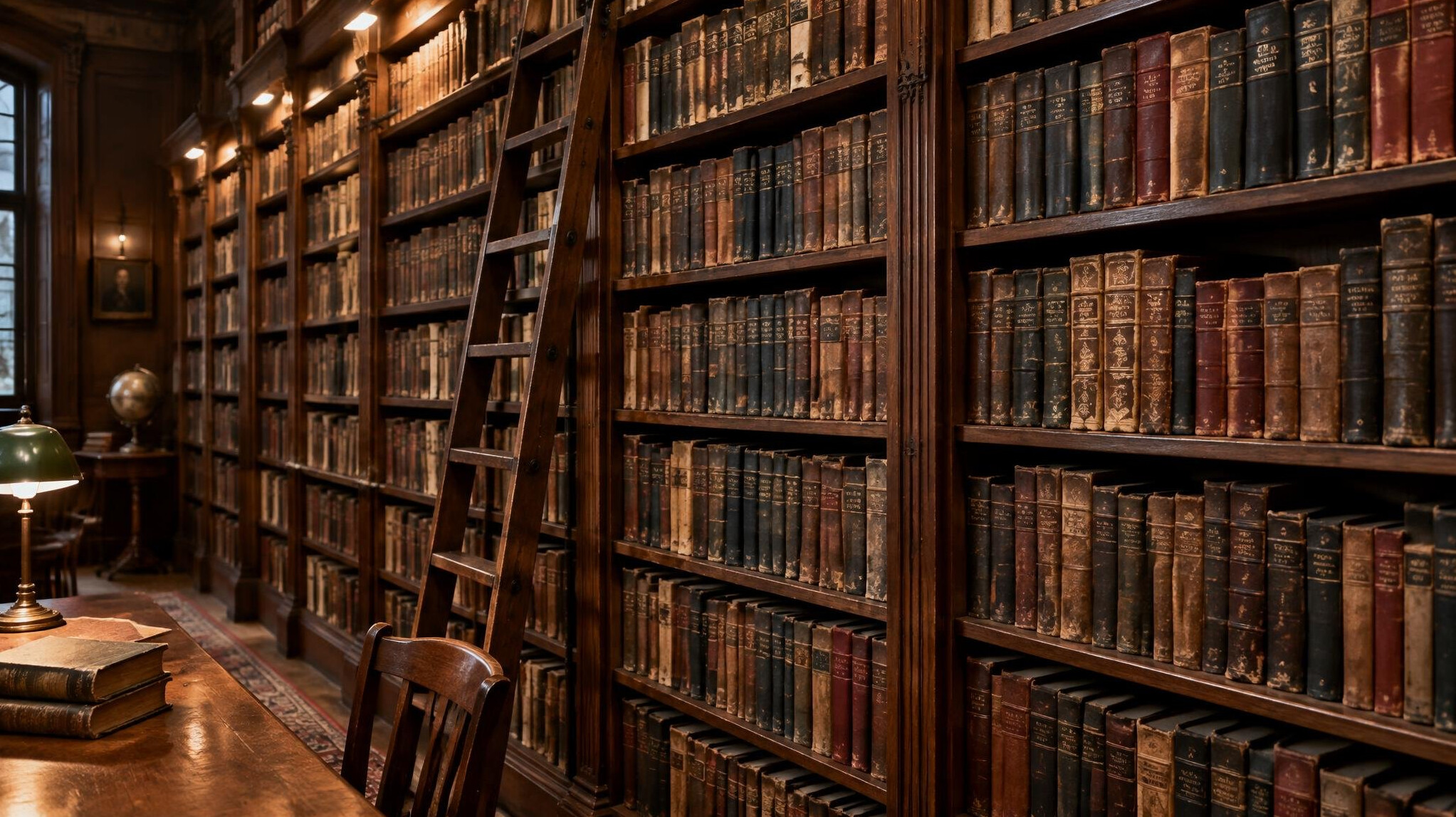 Tall wooden library shelves filled with old books